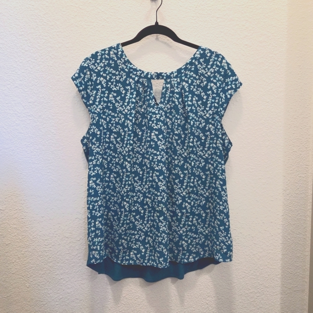 Fortune + Ivy Dani Mixed Material Teal Cap Sleeve Top Blouse